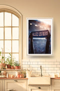 Poster Bleu Supporter Allez les Bleus dans un cadre bois clair, décoration murale de cuisine