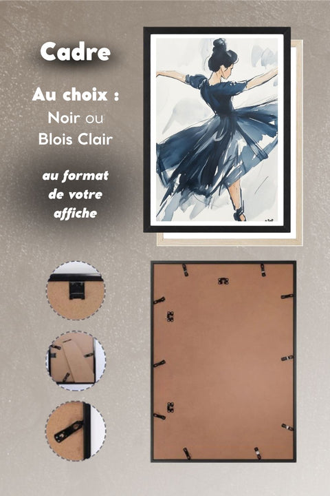 Choix du cadre noir ou bois clair pour l'affiche Danse Black Swan, système d'accroche au dos