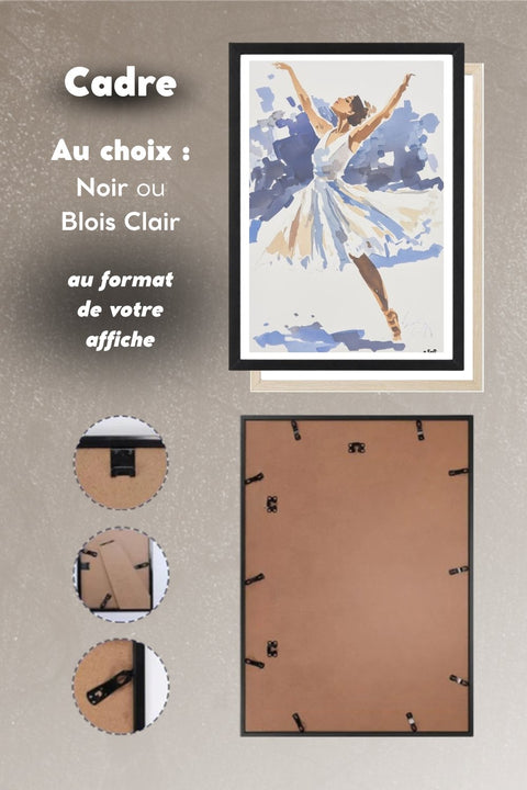 Choix du cadre noir ou bois clair pour l'affiche Danse Casse-Noisette, système d'accroche au dos