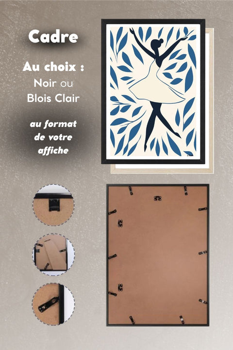 Choix du cadre noir ou bois clair pour l'affiche Danse Danse avec le vent, système d'accroche au dos