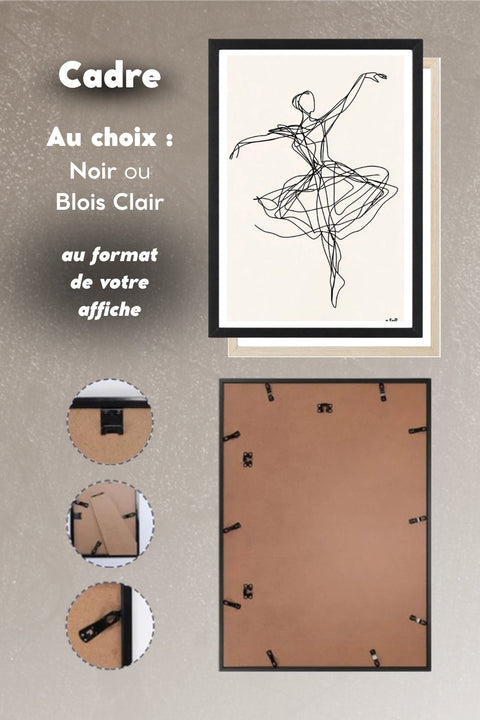 Choix du cadre noir ou bois clair pour l'affiche Danse Danse Minimaliste, système d'accroche au dos