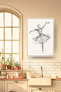 Poster Danse Danse Minimaliste, une danseuse en trait continu minimaliste, dans un cadre bois clair, décoration murale de cuisine