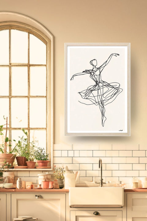 Poster Danse Danse Minimaliste, une danseuse en trait continu minimaliste, dans un cadre bois clair, décoration murale de cuisine