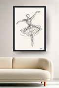 Affiche Danse Danse Minimaliste, une danseuse en trait continu minimaliste, encadrée noir au-dessus d'un canapé, déco murale salon