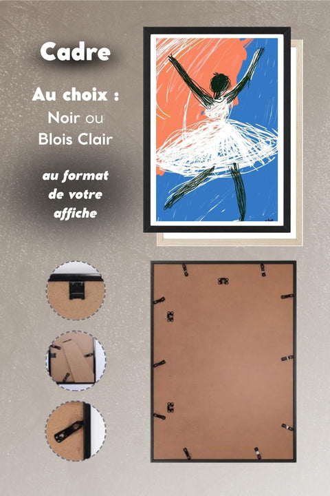 Choix du cadre noir ou bois clair pour l'affiche Danse La Sylphide, système d'accroche au dos