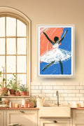 Poster Danse La Sylphide, une danseuse au trait esquissé sur fond orange et bleu, dans un cadre bois clair, décoration murale de cuisine