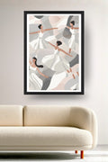 Affiche Danse Le ballet de l'Opera de Paris, un collage de danseuses en robe blanche, tons gris et rose, encadrée noir au-dessus d'un canapé, déco murale salon