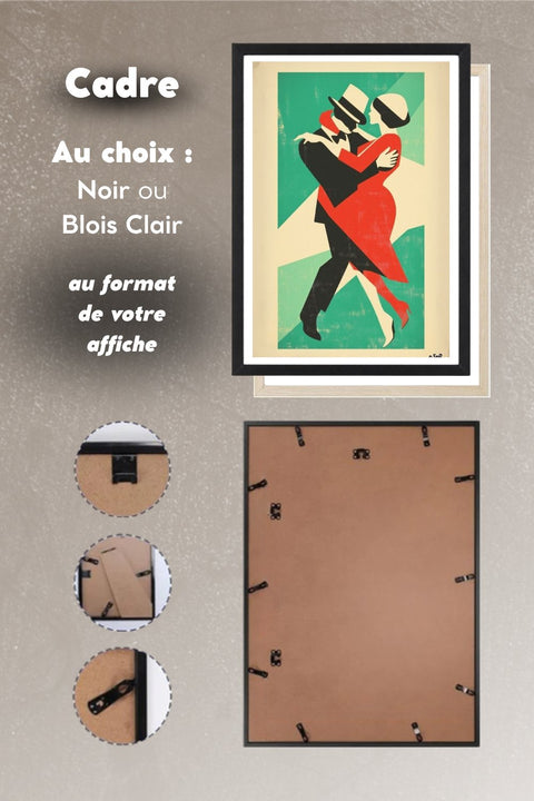 Choix du cadre noir ou bois clair pour l'affiche Danse Mon amant de Saint-Jean, système d'accroche au dos