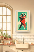 Poster Danse Mon amant de Saint-Jean, un couple dansant façon Art déco, tons verts, dans un cadre bois clair, décoration murale de cuisine