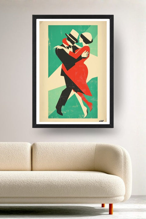 Affiche Danse Mon amant de Saint-Jean, un couple dansant façon Art déco, tons verts, encadrée noir au-dessus d'un canapé, déco murale salon