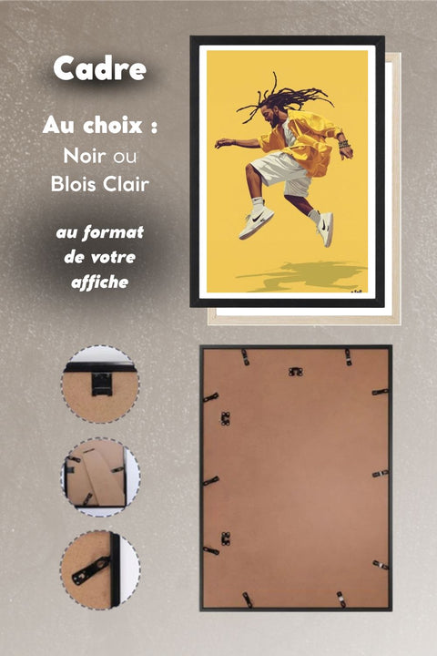 Choix du cadre noir ou bois clair pour l'affiche Danse Street dance, système d'accroche au dos