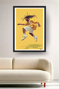 Affiche Danse Street dance, un danseur urbain en saut, fond jaune, encadrée noir au-dessus d'un canapé, déco murale salon