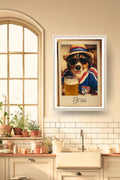 Poster Foot Rire Mondial 2026 dans un cadre bois clair, décoration murale de cuisine