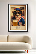 Affiche Foot Rire Mondial 2026 encadrée noir au-dessus d'un canapé, décoration murale salon