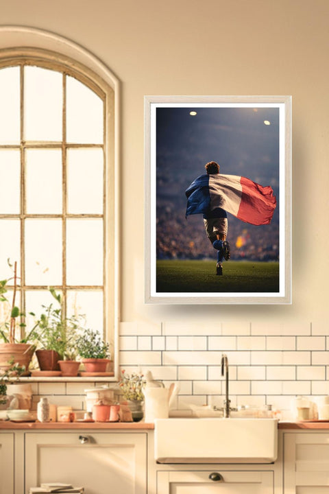 Poster Football France joueur et drapeau dans un cadre bois clair, décoration murale de cuisine