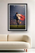Affiche Football France joueur et drapeau encadrée noir au-dessus d'un canapé, décoration murale salon