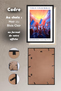 Affiche Football Sunset coucher de soleil au stade avec cadre noir ou bois clair au format de l'affiche