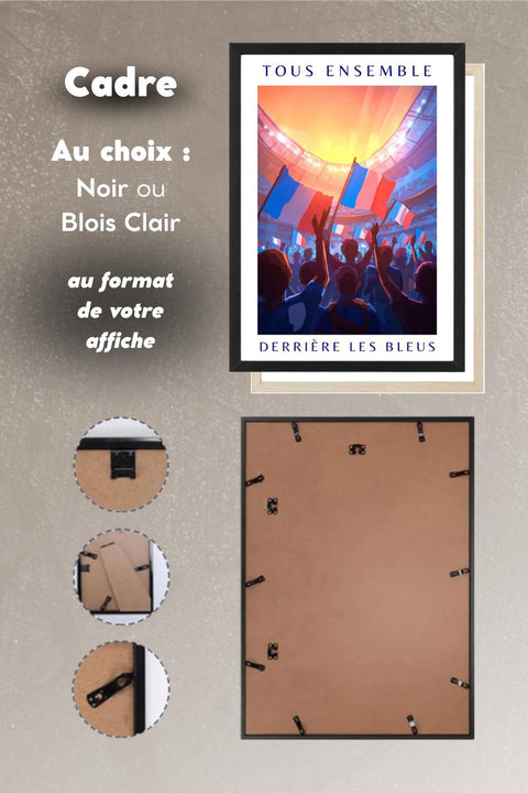 Affiche Football Sunset coucher de soleil au stade avec cadre noir ou bois clair au format de l'affiche