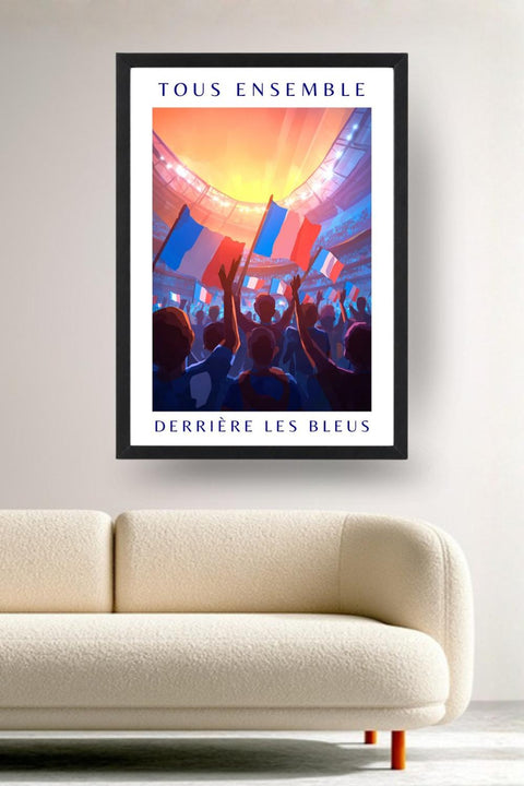 Affiche Football Sunset coucher de soleil au stade encadrée noir au-dessus d'un canapé, décoration murale salon