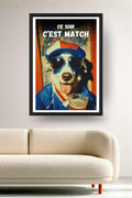 Affiche Match Foot marrante fan footix encadrée noir au-dessus d'un canapé, décoration murale salon