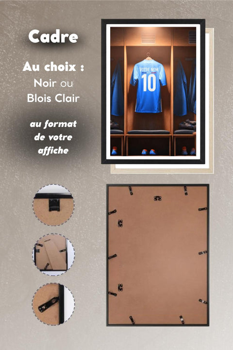 Affiche personnalisée foot France maillot avec cadre noir ou bois clair au format de l'affiche