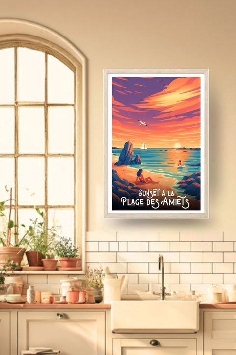 Poster Plage des Amiets dans un cadre bois, décoration murale de cuisine