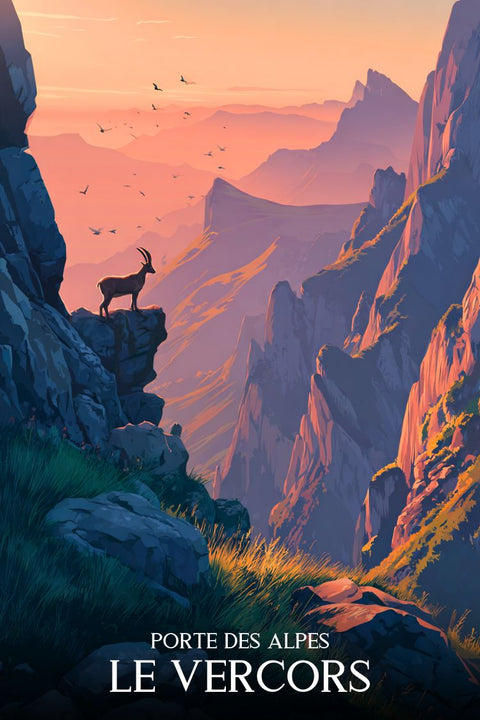 Affiche Vercors - Nature, bouquetin, coucher soleil